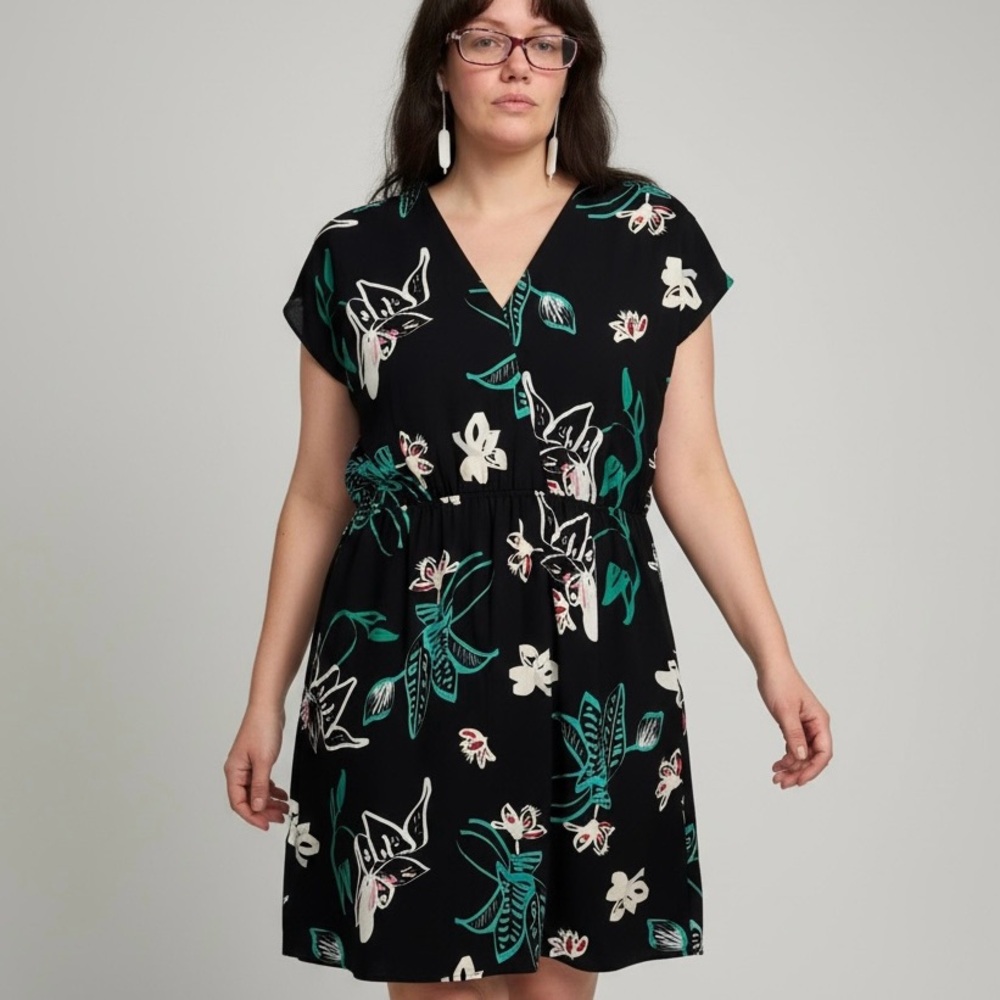 Halogen Black Tropical Pullover Short Sleeve Faux Wrap Dress Size Medium
